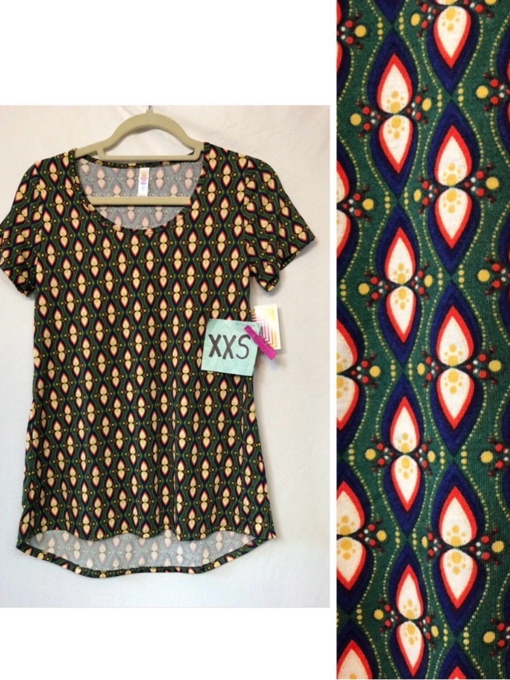 LuLaRoe Classic T Green Blue Geometric Short Sleeve Top XXS NWT